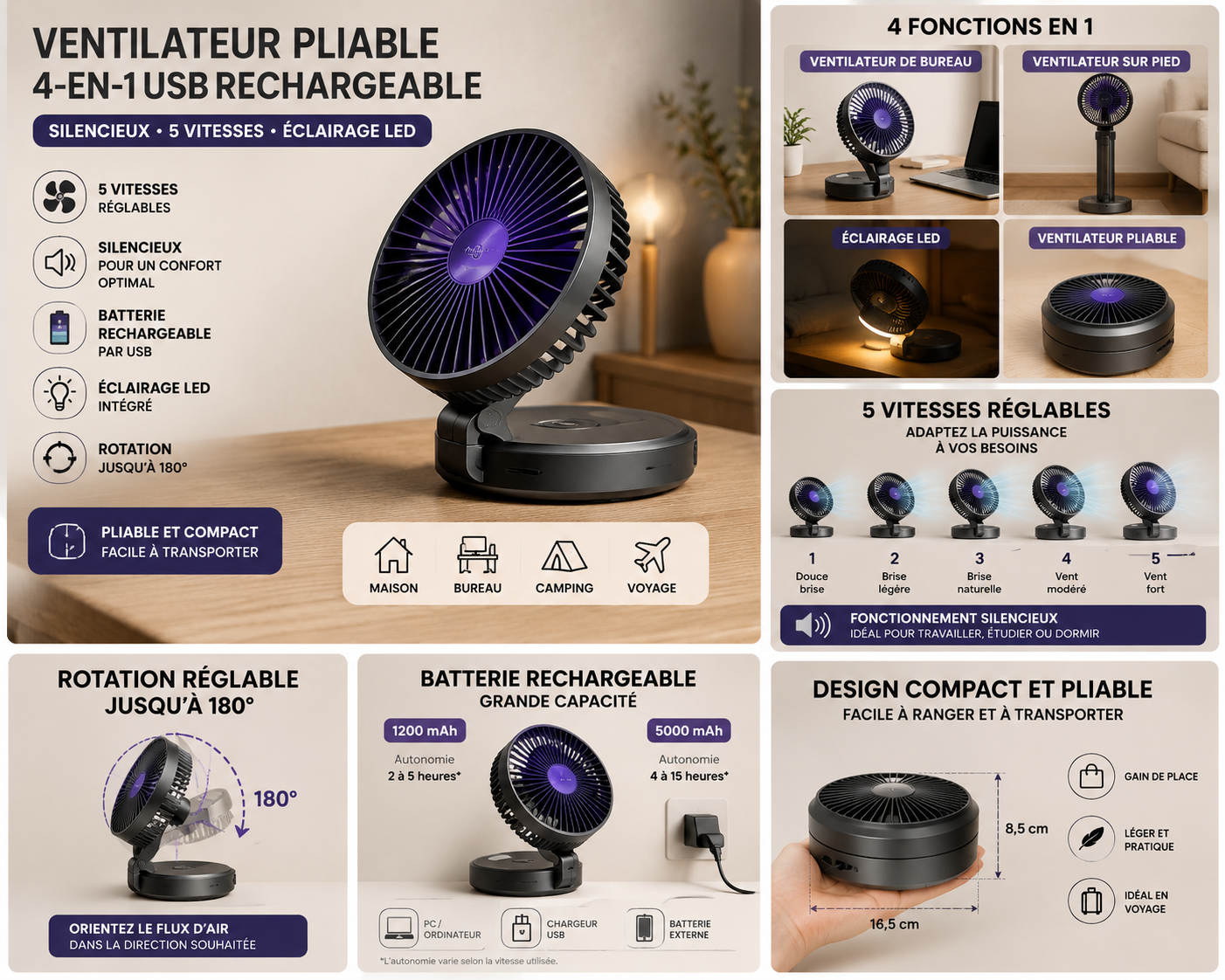 Ventilateur Pliable 4-en-1 Rechargeable USB - Silencieux, 5 Vitesse avec Éclairage LED