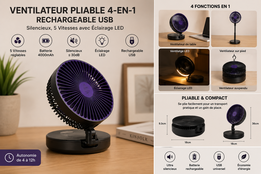 Ventilateur Pliable 4-en-1 Rechargeable USB - Silencieux, 5 Vitesse avec Éclairage LED