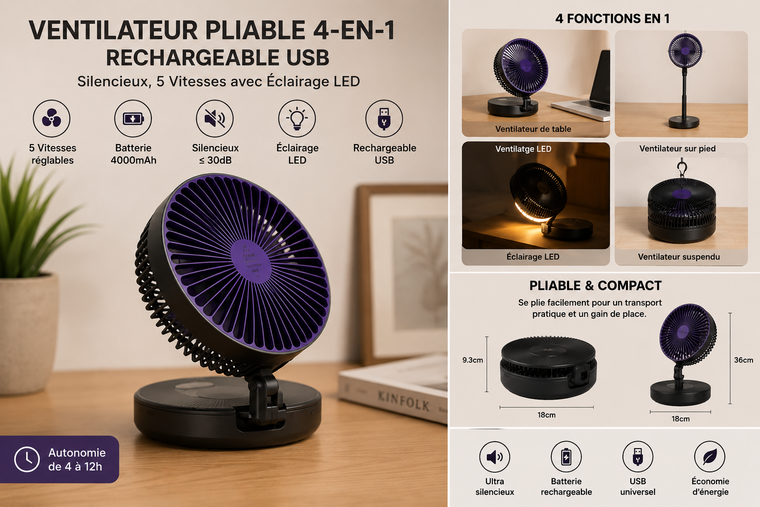 Ventilateur Pliable 4-en-1 Rechargeable USB - Silencieux, 5 Vitesse avec Éclairage LED