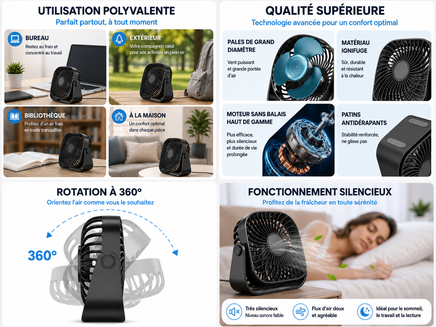 Ventilateur Portable USB 4 Pouces – Ultra Silencieux, 3 Vitesses, Rotation 360°, Rechargeable