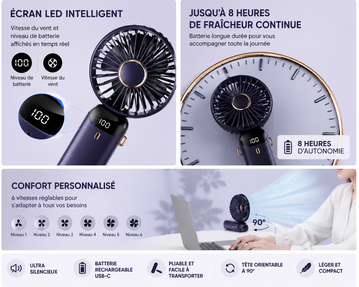 Ventilateur Portable Mini USB – 6 Vitesses, Écran LED, Rechargeable, Pliable, Ultra Silencieux
