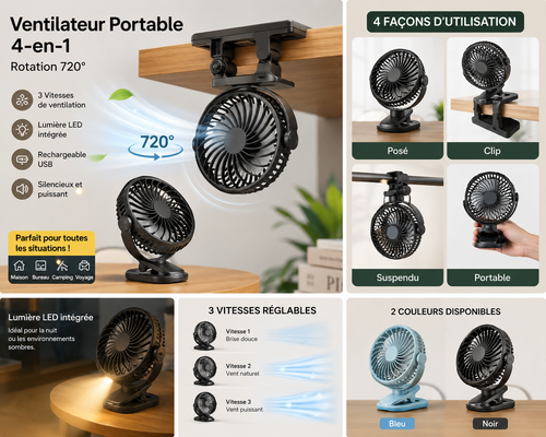 Ventilateur Portable 4-en-1 Rechargeable USB – Rotation 720° avec LED