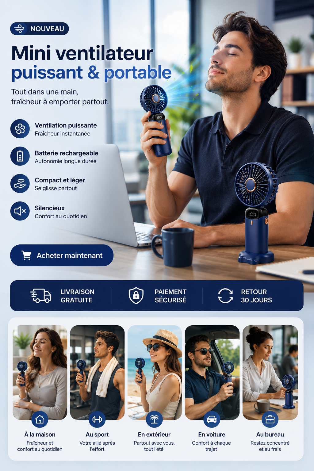 Ventilateur Portable Mini USB – 6 Vitesses, Écran LED, Rechargeable, Pliable, Ultra Silencieux