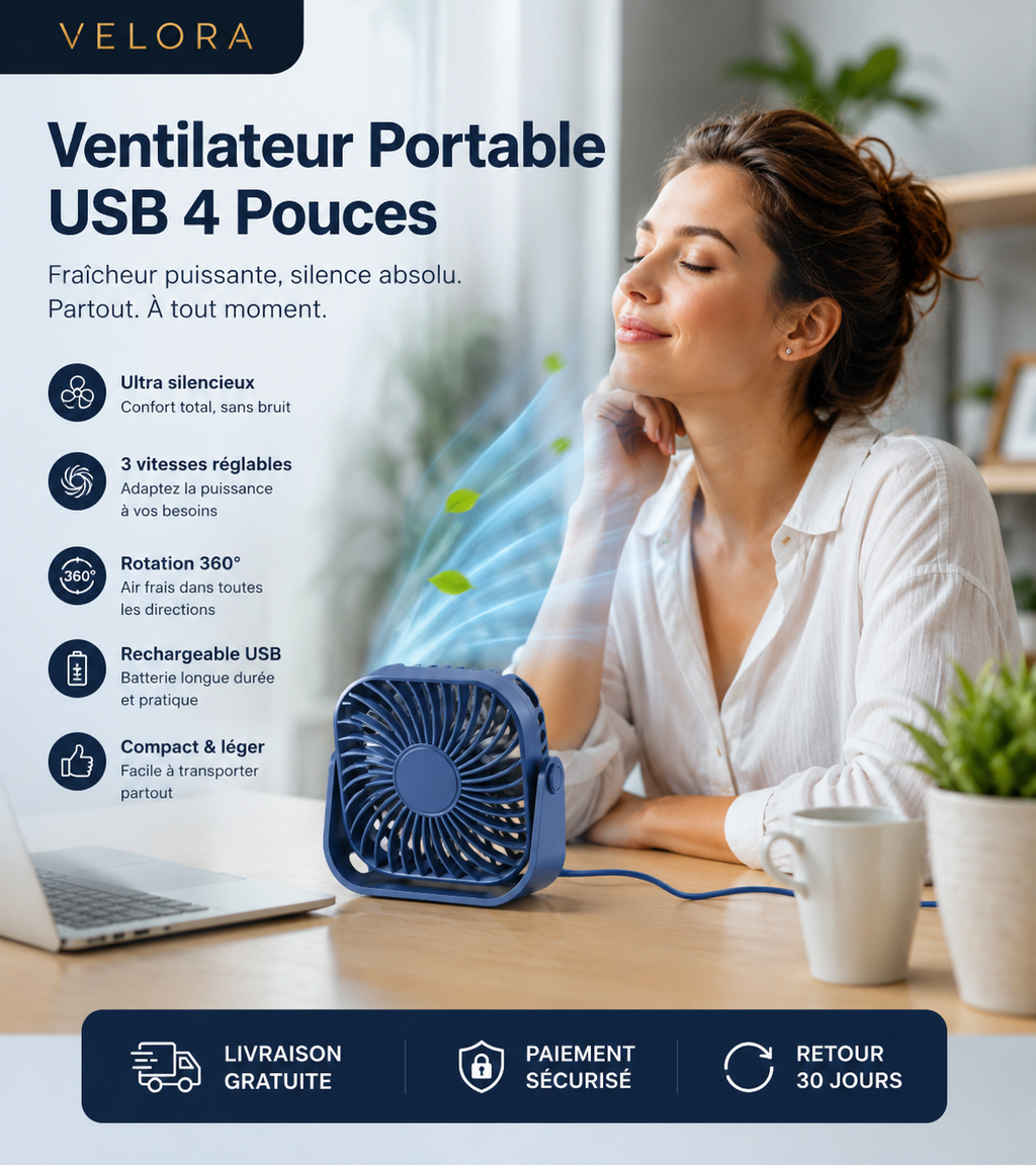 Ventilateur Portable USB 4 Pouces – Ultra Silencieux, 3 Vitesses, Rotation 360°, Rechargeable